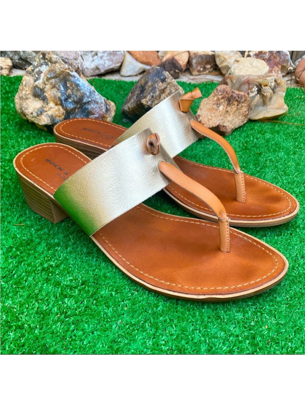 Rock & Candy Gold and Tan Low Wedge Toe-Post Sandals